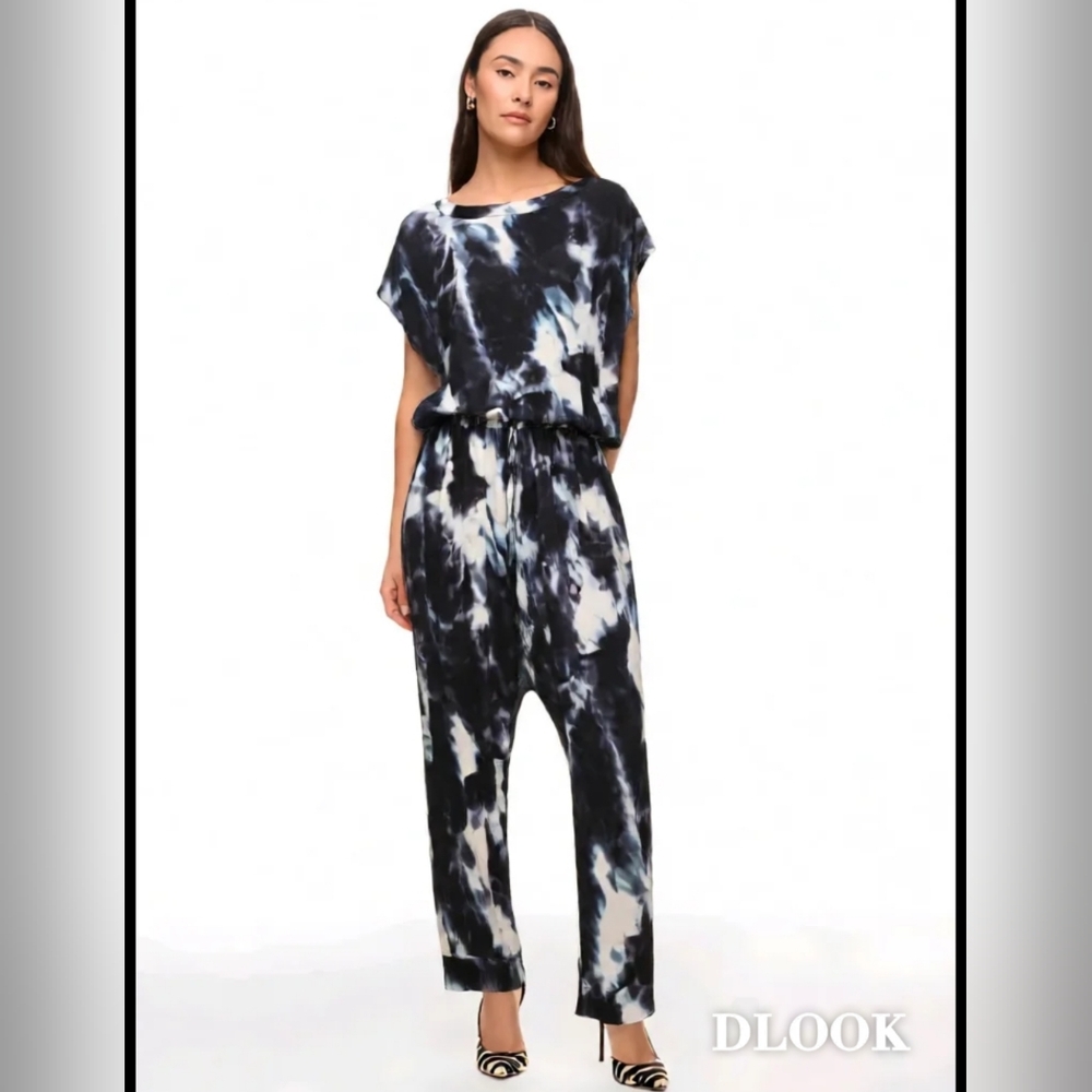 Anrabess Black & White Tie-Dye Pockets  Women's Jumpsuit Size L